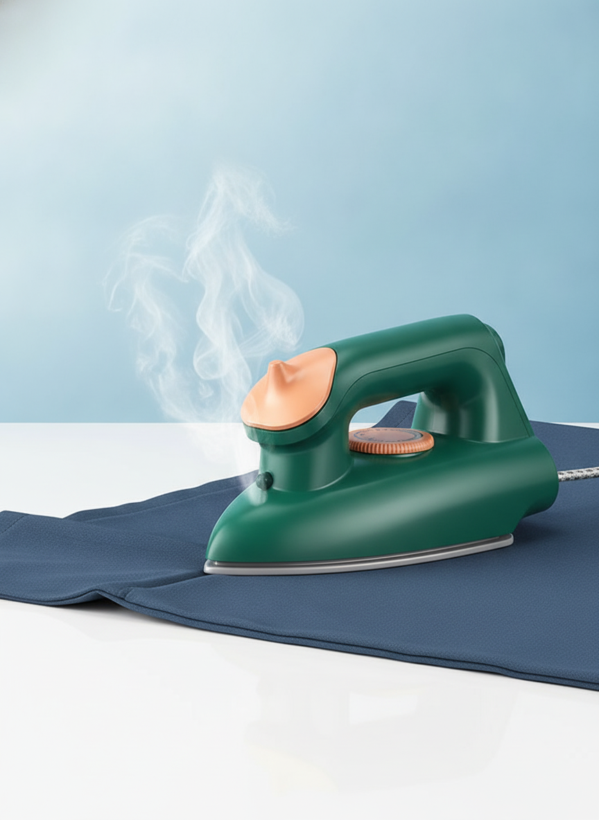 Portable Mini Travel Steam Iron smoothing a wrinkle on a dark slate blue fabric, with a soft sky blue background.